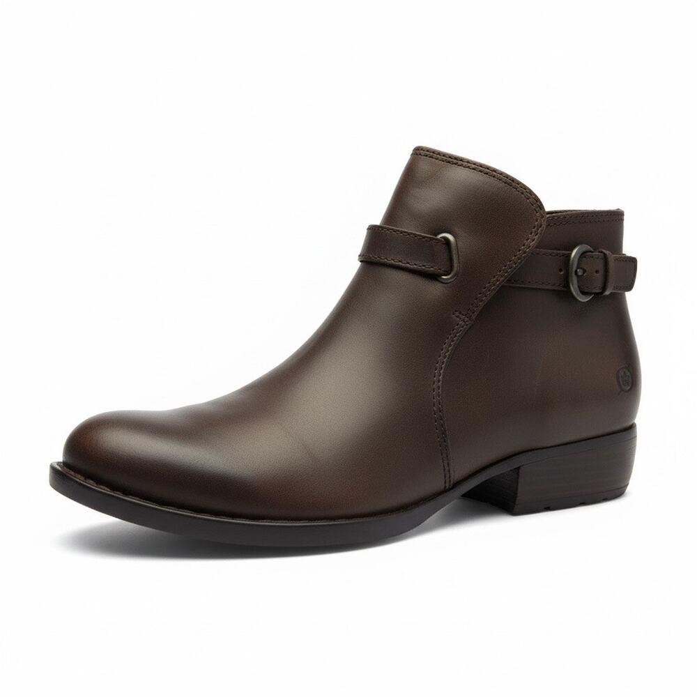 Born Raisa Ankle Tobacco Brown Leather Block Heel Side Zip Boots Size US 8 EU 39